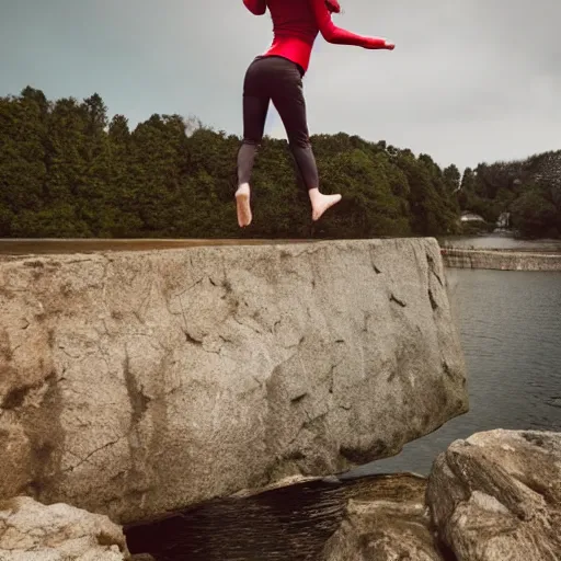 Image similar to woman stepping off a cliff onto a stepping stone in mid-air, photorealistic, 4k by Elsa Bleda