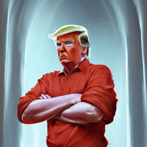 Prompt: donald trump chilling in prison, high detail, elegant, digital painting, cinematic lighting, vibrant, intricate, textured skin, highly detailed, artstation, sharp, focus, hdr, unreal engine 5, breathtaking ilya kuvshinov, nikolay makovsky