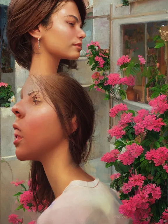 Prompt: an ultradetailed beautiful portrait painting of a cuban girl at a flower shop, side view, oil painting, high resolution, by ilya kuvshinov, greg rutkowski and makoto shinkai