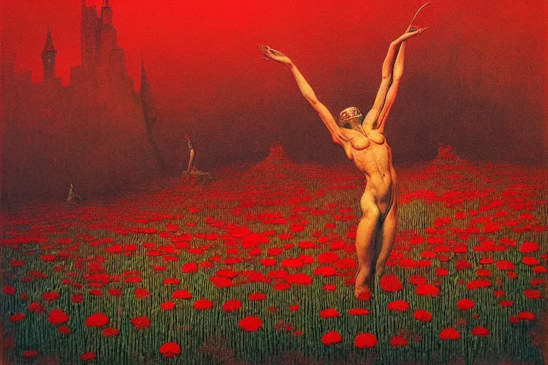 Image similar to only with red, red flowers of different types, a red tiger, a castle in the background, medieval demons dance over the flowers, an ancient path, in the style of beksinski, part by hopper, part by rodcenko, part by hofbauer, intricate composition, red by caravaggio, insanely quality, highly detailed, masterpiece, red light, artstation