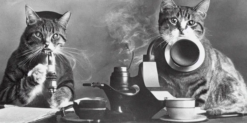 Prompt: a vintage photo from 1890 of a cat smoking a cigar while talking on a rotary phone in a tec support office filled with tools and coffee cups