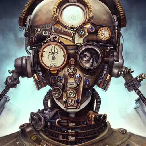 Prompt: portrait painting of a steampunk cyborg priest, transhumanism, ultra realistic, concept art, studio ghibli, intricate details, eerie highly detailed