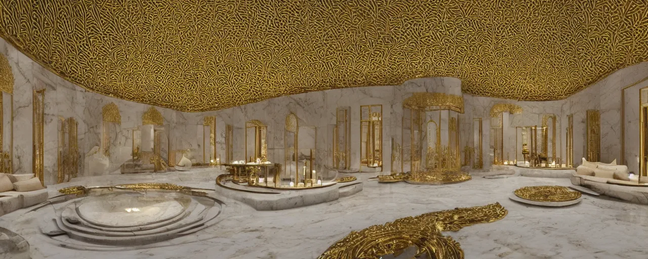 Prompt: interior of a double height luxury spa with everything made of gold, candles, beige marble floor, wellness pool, intricate detailed roof, contemporary design, sacred geometry, 8 k, hyperrealistic, photorealism, windows with view to wadi al disah mountains