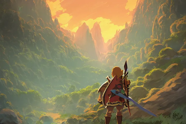 Image similar to the wise old spartan, zelda breath of the wild, in the style of studio ghibli and vicente segrelles, trending on artstation, back lighting tilt - shift cottagecore, abstract illusionism, movie poster, creature concept art, precisionism