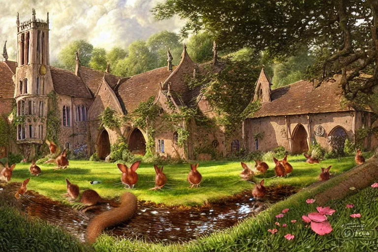 Image similar to an elaborate and dense painting of redwall abbey in mossflower wood with lots of mice and rabbits and otters walking around, detailed by brian jacques and jean baptiste monge