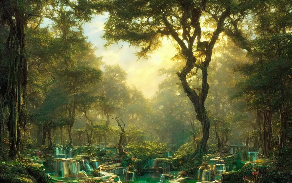 Image similar to a detailed oil painting of an intricate, ornate palace made of green, polished semiprecious malachite marble and jade, hyper detailed, hd, artstation, beautiful sunrise lighting, forest setting, by john williams waterhouse, thomas kincade, michael whelan and donato giancola