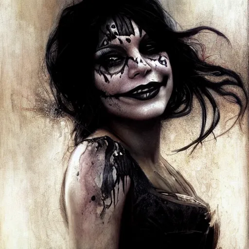 Image similar to beautiful portrait of vanessa hudgens as death from sandman, smiling, by cedric peyravernay, alphonse mucha, by jeremy mann, by lecouffe deharme, goth chic, soft lightning, eyeliner, punk rock, high detailed, 8 k