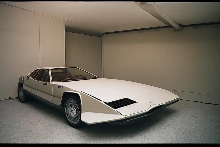 Prompt: stylized poser designed by Syd Mead of a single 1978 Maserati Alfa Romeo Montreal, inside of a minimalist Tokyo garage, ektachrome photograph, volumetric lighting, f8 aperture, cinematic Eastman 5384 film