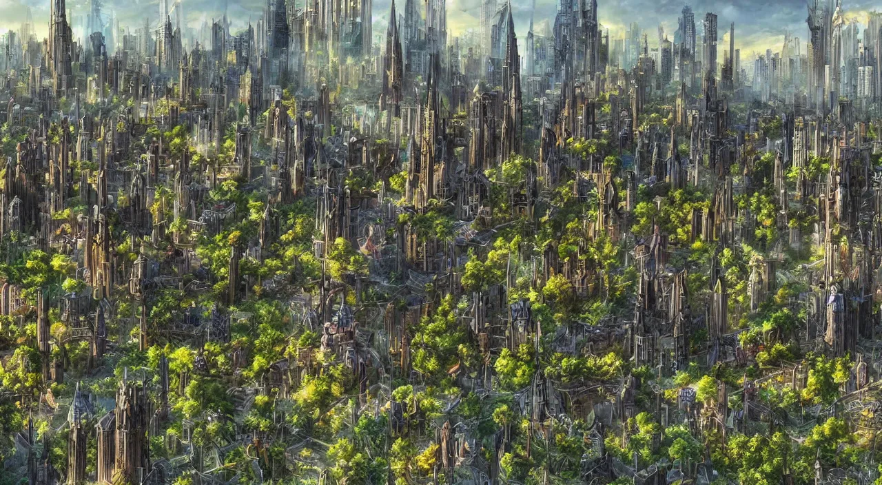Prompt: cityscape of elven city made of glass and plants, tall towers, a lot of sunlight and butterflies, fantasy world, realistic