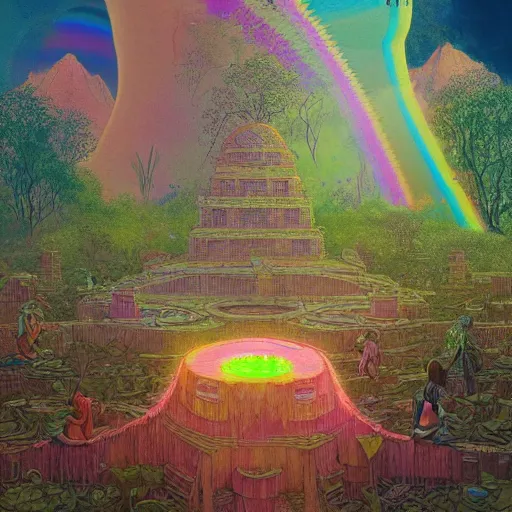 Image similar to overgrown jain temple of death with glowing mayan rainbow skulls, by michael whelan and moebius and beeple and kilian eng and dan mcpharlin and pascal blanche and jamie hewlett and richard dadd, symmetrical, magical stormy reflections, smoke on water, disco laser rays, 8 k