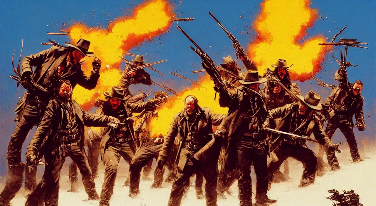 Image similar to epic action gunfight battle scene with fire and explosions from The Hateful Eight by Quentin Tarantino in style by Dave Gibbons, John Berkey, Beksinski Carl Spitzweg Moebius and Tuomas Korpi, trending on artstation, details, intricate, 4k, perfect faces