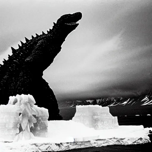 Prompt: Godzilla carving a giant ice sculpture using his atomic breath in Antarctica