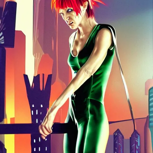 Image similar to milla jovovich as leeloo full body in the foreground of digital art background is 5 th element movie city