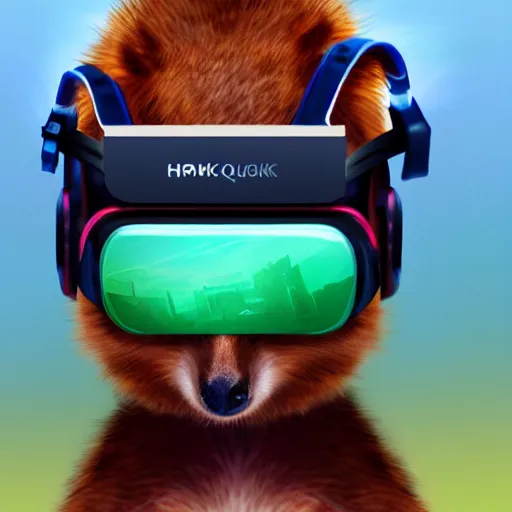 Image similar to a quokka wearing a hmd vr, cyberpunk digital painting