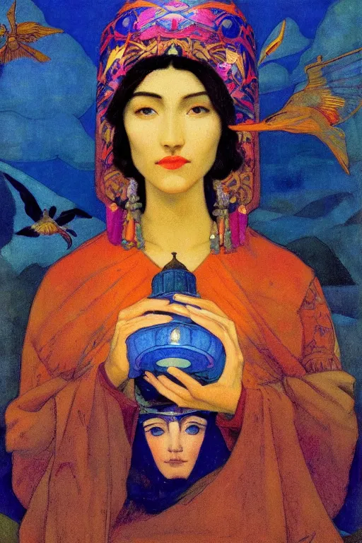 Image similar to queen of the dawn with her lantern and birds, by Nicholas Roerich and Annie Swynnerton, elaborate headdress and embroidered velvet, iridescent beetles, rich color, dramatic cinematic lighting, extremely detailed