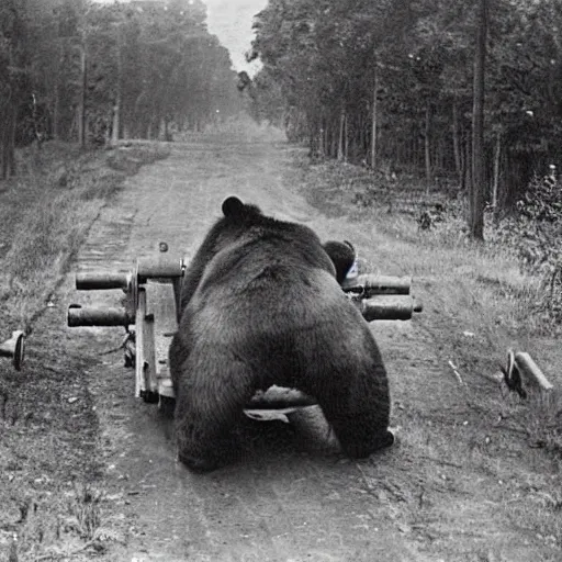 Prompt: a picture of a giant bear pulling a towed canon on wheel behind his back, eastern front, ww 2, historical picture