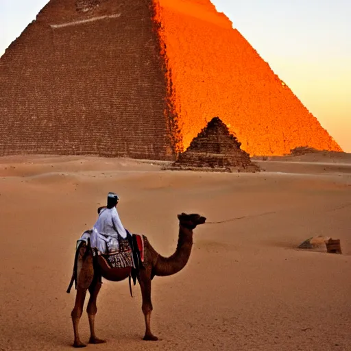 Image similar to photo a camel walking up the great pyramid, award winning, golden hour