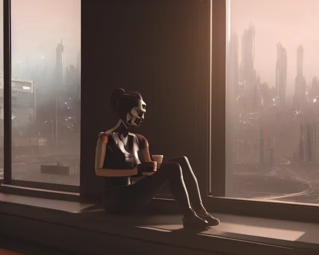 Image similar to a terminator cyborg lady with borg implants and optical fibers is drinking coffee near a window with dystopian city visible outside. very detailed 8 k. cyberpunk style. unreal engine render. global illumination. nanite. rtx. path tracing.