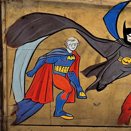 Prompt: a medieval church mural depicting batman chasing the joker, batman and the joker medieval art