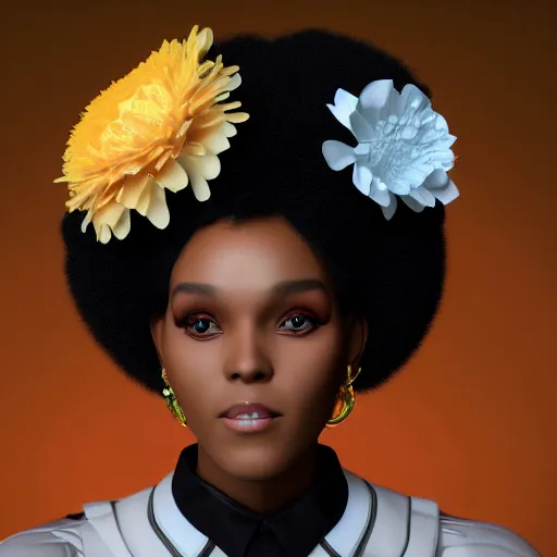 Prompt: portrait of a smiling beautiful black woman who looks like janelle monae and erika alexander with big fluffy afro surrounded by flower petals by argerm and by alphonse mucha, face by wlop, trending on artstation, octane render