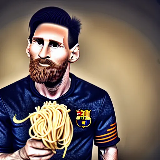 Image similar to lionel messi eating spaghetti, depth of field, photography, isometric, wide shot, studio, bokeh, gmaster,, kodak, sony, canon