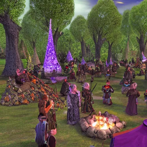 Image similar to a beatiful dwarven festival in a fertile green park with surreal elven nature, lots of gnome children, a gnome rock band concert and dwarven BBQ