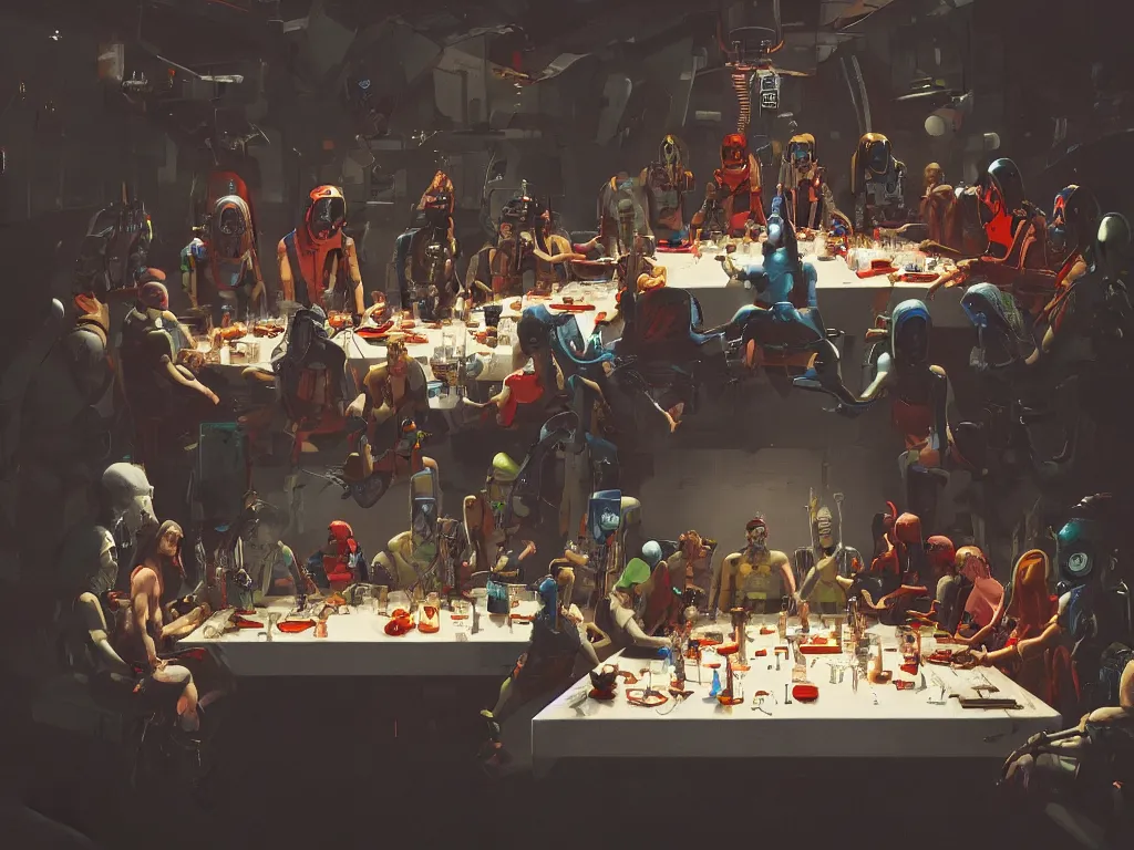 Image similar to a futuristic version of the last supper with punks, criminals and robots in a painting from stalenhag, 4 k, 8 k, hdr, artstation, concept art