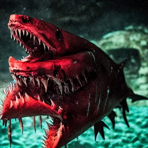 Image similar to underwater closeup of a demonic satanic shark in an abandoned aquarium, real life photography, horror, biological photo, fullbody, dynamic lighting, beautiful, scary, terror