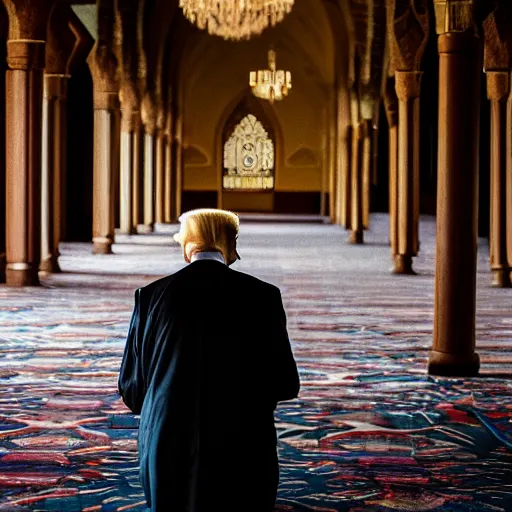 Image similar to Trump praying in mosque, award winning cinematic photography, 50 mm, blurred background, perfect faces