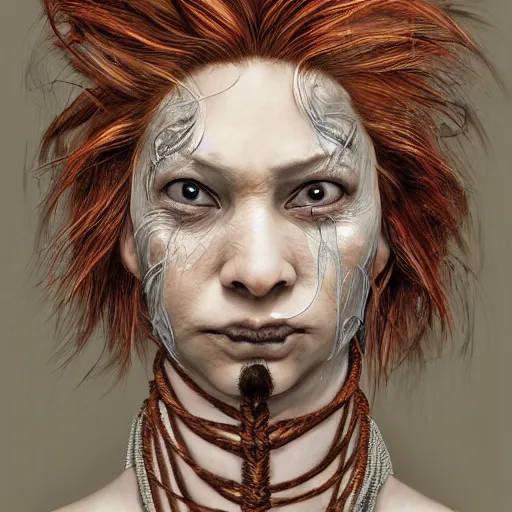 Image similar to portrait of a Shibari rope wrapped face and neck, headshot, insanely nice professional hair style, dramatic hair color, digital painting, of a old 15th century, old cyborg merchant, amber jewels, baroque, ornate clothing, scifi, realistic, hyperdetailed, chiaroscuro, concept art, art by Franz Hals and Jon Foster and Ayami Kojima and Amano and Karol Bak,