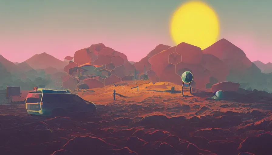 Image similar to hexagon blocking the sun, earth in foreground, simon stalenhag