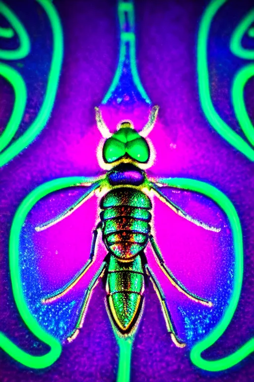 Prompt: high quality macro photo holographic art nouveau fly! jeweled gorgeous! highly detailed digital art david ligare elson peter cinematic purple neon lighting high quality low angle hd 8k sharp shallow depth of field