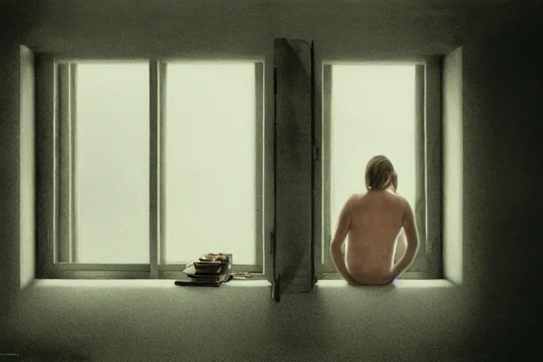 Image similar to a cinematic painting of an old female prisoner inside of jail cell looking out of a window onto a beautiful serene landscape, beautiful lighting, high depth, ultra realistic, artistic, by annie leibovitz, by gregory crewdson