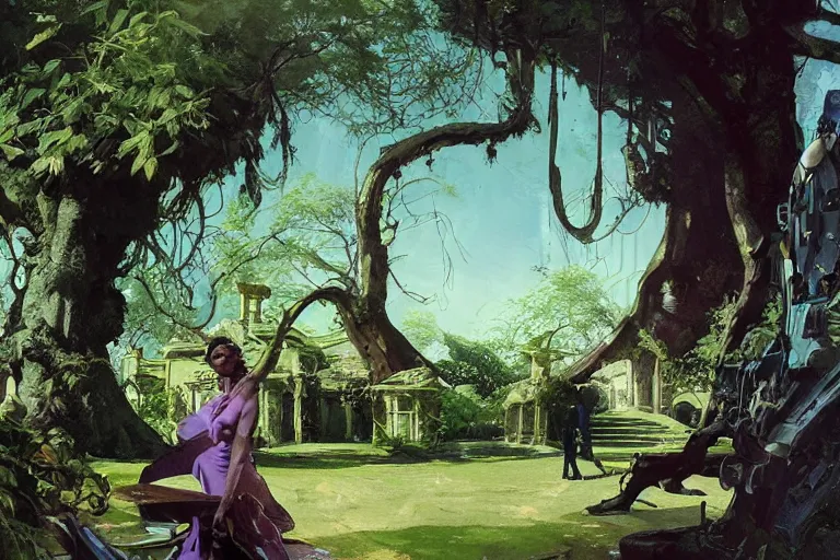 Image similar to pulp scifi illustration, elegant black woman watches spacecraft land in garden of stately home, flowers, baobab trees, distant town in valley and hills, by norman rockwell, jack kirby, john berkey, bergey, craig mullins, ruan jia, raymond swanland, jeremy mann, beksinski, tom lovell, alex malveda, schomburg