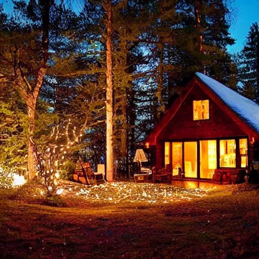 Prompt: cozy cottage in the woods at night with string lights and giant trees