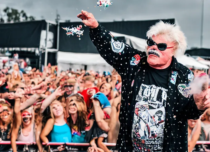 Image similar to photo still of rip taylor at vans warped tour!!!!!!!! at age 6 3 years old 6 3 years of age!!!!!!! on stage throwing confetti at a crowd, 8 k, 8 5 mm f 1. 8, studio lighting, rim light, right side key light