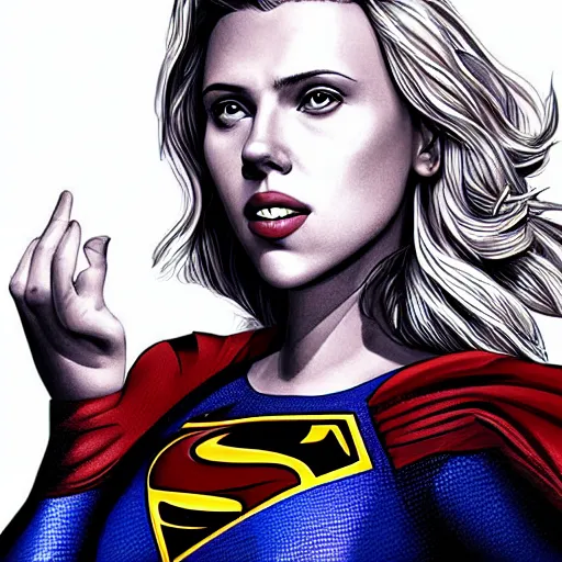 Prompt: portrait of scarlett johansson as supergirl, digital art, ultra detailed, ultra realistic