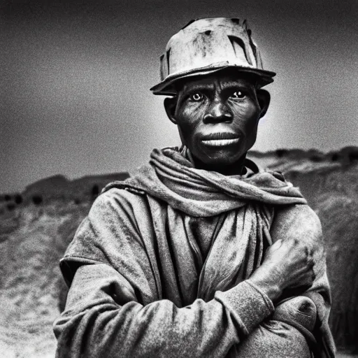 Prompt: black and white photo, portrait of Congo mineworker by sebastiao salgado, realistic, Leica, medium format, cinematic lighting, parallax, high resolution,