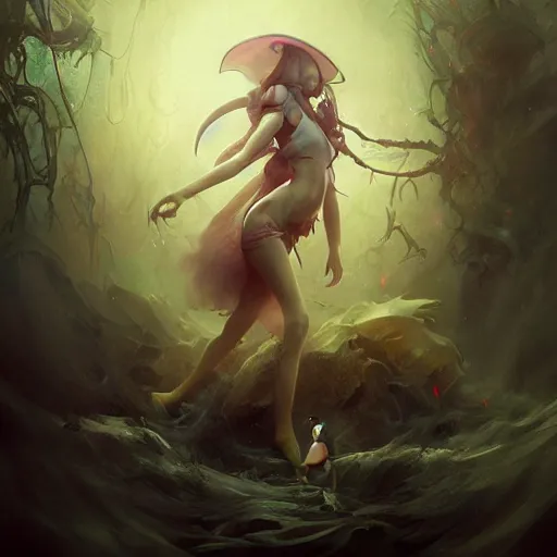 Prompt: cute girl lost in satanic ritual trying to escape dimensional shift by peter mohrbacher and emmanuel shiu and martin johnson heade and bastien lecouffe - deharme