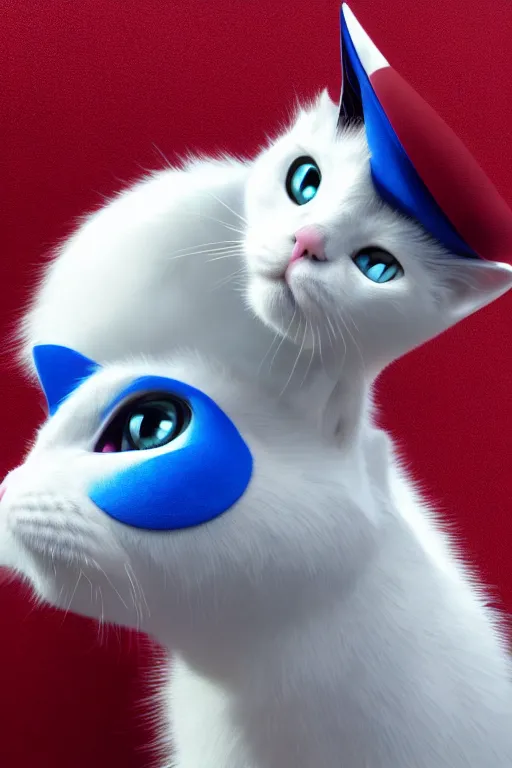 Image similar to a white cat with blue eyes wearing a red formal overcoat, hyperrealistic, concept art, octane render, unreal engine 5, realistic and defined face, profile picture, digital art, pixar and disney style, symmetrical, high quality, highly detailed, high coherence, path traced, house background, low contrast, beautiful, elegant clothes