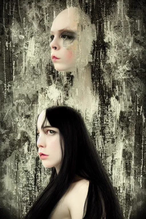 Prompt: random, glitch, picture portrait,(((((((((((((young woman's face))))))))))))), random,long black hair, glitch, pale skin, glitch, random digital render, super-detailed ,glitch, by Millais