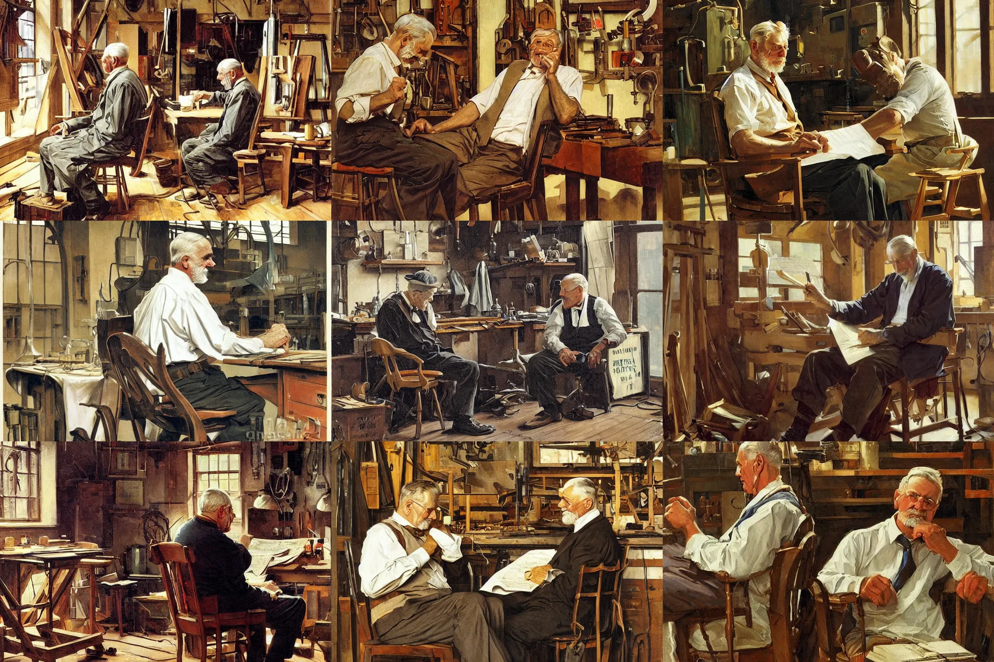 Prompt: a old man sitting on a chair in workshop, art by j. c. leyendecker