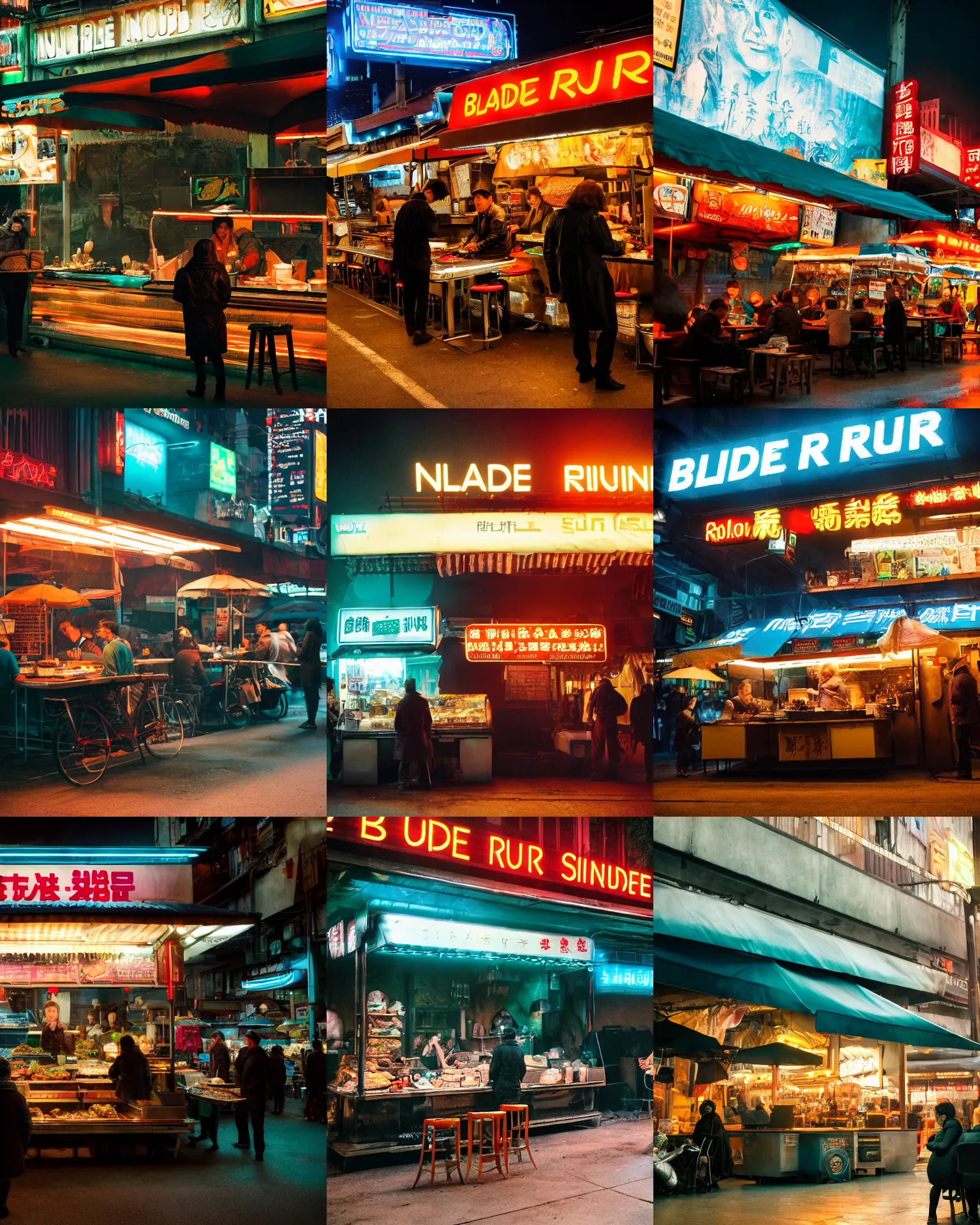 Prompt: blade runner movie still of an outdoor noodle stand, rack focus, close establishing shot, customers eating at the outdoor noodle stand, gloomy, steamy, dark teal lighting, soft dramatic lighting, 4 k digital camera