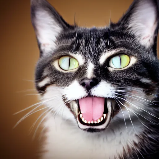 Prompt: cat with human eyes and human teeth, 4 k award - winning photography