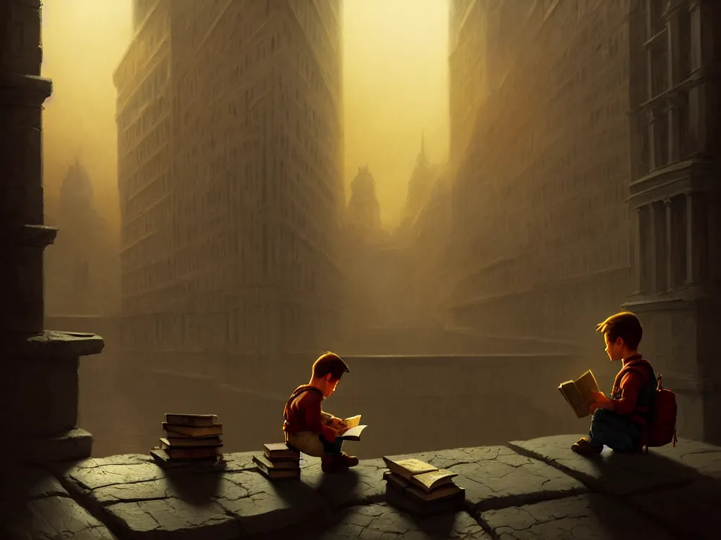 Image similar to kid reading a history book, dramatic lighting, cinematic, establishing shot, high detail, cinematic lighting, post processed, 8k, concept art, artstation, matte painting, in the style of eddie mendoza, raphael lacoste, alex ross