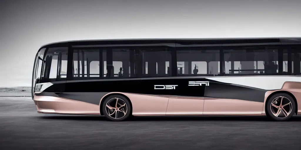 Image similar to a design of a futuristic bus, designed by Polestar and DMC, northern lights background, brushed rose gold car paint, black windows, dark show room, dramatic lighting, hyper realistic render, depth of field