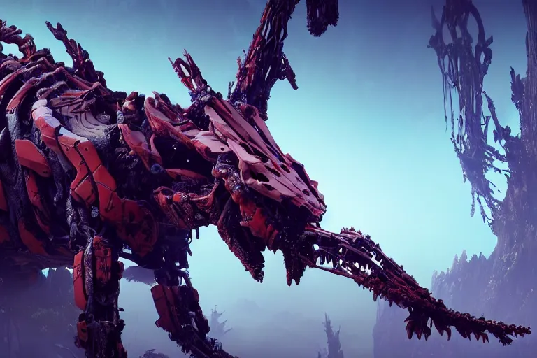 Image similar to wide epic shot. a hyper detailed fanghorn evangelion realistic mechanical and organic creature similar look as horizon forbidden west horizon zero dawn, bioluminiscence in a dark deep forest at dawn in spring, with reflection and textures, by kilian eng, substance painter reaslitic mech surface metal painted scratches, world env from horizon forbidden west horizon zero dawn