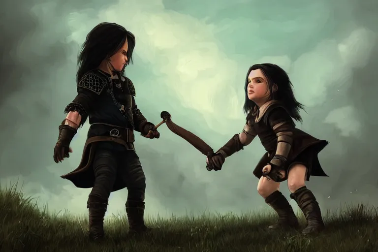 Image similar to Little Geralt and little Yennefer play together, Yennefer uses magic, digital art by greg rutkowsky, masterpiece, balanced colors HD