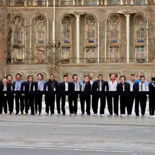 Prompt: the world's longest piano with a group of men standing next to it showing its size.