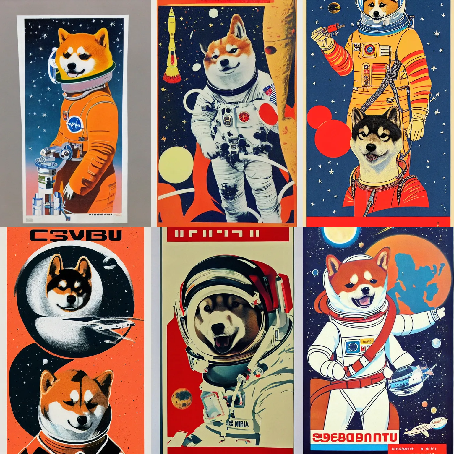 Prompt: Shiba Inu cosmonaut portrait, mars mission, 60s poster, 1966 Soviet Japanese